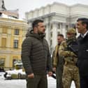 Prime Minister Rishi Sunak, speaking with Ukraine President Volodymyr Zelensky as they look at destroyed Russian military vehicles in Kyiv, Ukraine in November.
Mr Sunak is coming under pressure to make major investment in the British army in light of Russia's invasion of Ukraine.