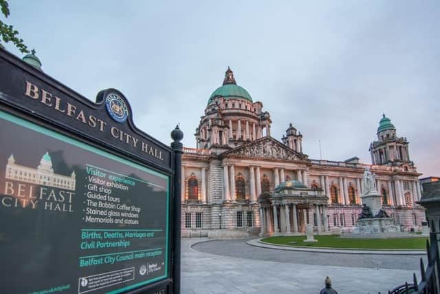 Belfast City Hall (from the council's website); the building is often illuminated with special lighting to mark particular dates