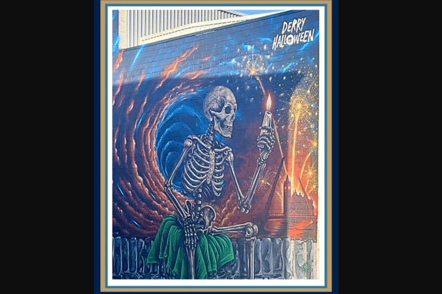 An image of a new 40th anniversary mural showing a skeletal 'Walter de Burgh' in Londonderry. Photo: Bishop's Gate Hotel