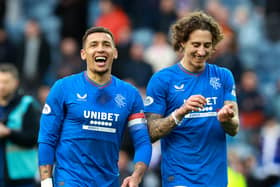 Rangers' James Tavernier and Fabio Silva celebrate following the cinch Premiership match at Ibrox Stadium, Glasgow on Saturday 24 February 2024.The club has launched a (BSc) degree at Stormont for young people in Northern Ireland, with “best-in-class” teaching from its top staff. Photo: Steve Welsh/PA Wire.