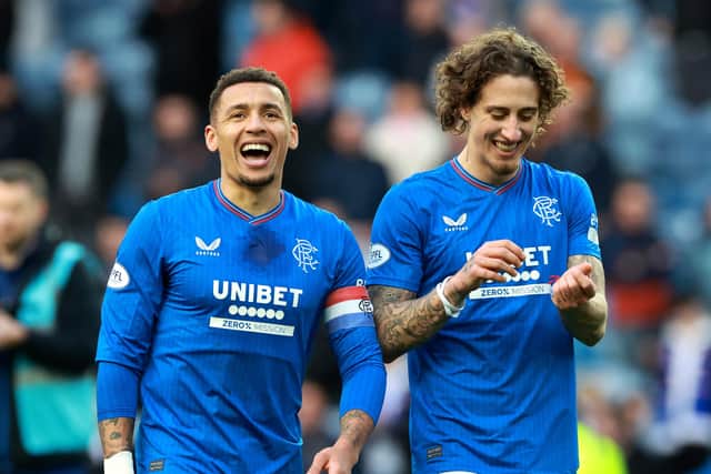 Rangers' James Tavernier and Fabio Silva celebrate following the cinch Premiership match at Ibrox Stadium, Glasgow on Saturday 24 February 2024.The club has launched a (BSc) degree at Stormont for young people in Northern Ireland, with “best-in-class” teaching from its top staff. Photo: Steve Welsh/PA Wire.