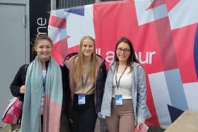 CAPTION: Aoife Murphy (right) from Newry, Co Down, pictured at the recent Labour Party Conference in Liverpool, alongside fellow NSPCC Young People’s Board for Change members, Rachel Talbot (left) from Scotland and Elan Oldrey (centre) from Wales