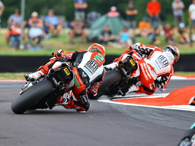 Glenn Irwin chases after his BeerMonster Ducati team-mate Tommy Bridewell at Snetterton