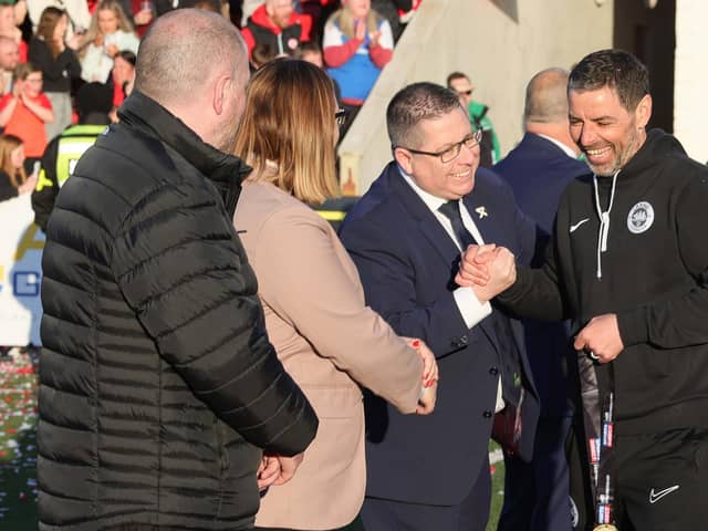 Larne manager Tiernan Lynch enjoys a laugh after receiving his Sports Direct Premiership medal. PIC: David Maginnis/Pacemaker Press