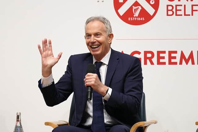 Sir Tony Blair on stage during the three-day international conference at Queen's University Belfast to mark the 25th anniversary of the Belfast/Good Friday Agreement. Picture date: Monday April 17, 2023.