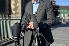Sinn Fein finance minister John O'Dowd gives an update on budget negotiations following a meeting of the Stormont Executive with Northern Ireland Secretary Sir Chris Bryant (Picture: Claudia Savage/the Press Association)