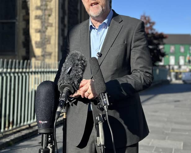 Sinn Fein finance minister John O'Dowd gives an update on budget negotiations following a meeting of the Stormont Executive with Northern Ireland Secretary Sir Chris Bryant (Picture: Claudia Savage/the Press Association)