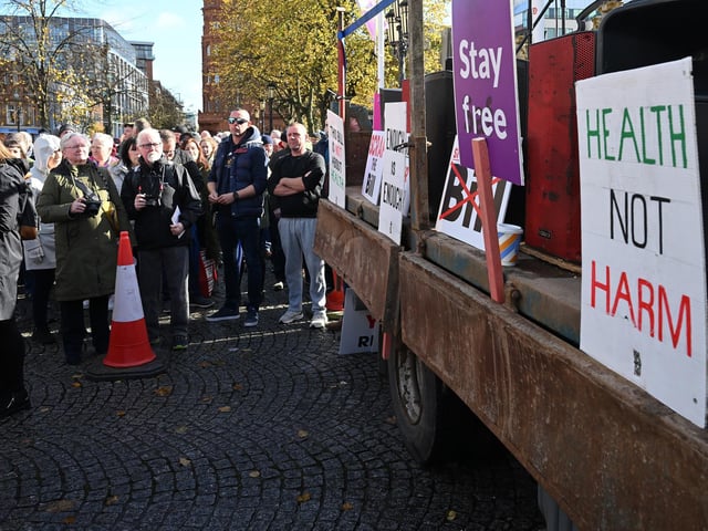 Protestors pictured at Belfast City Hall against the  NI Public Health Bill. .