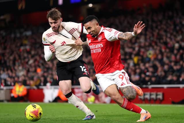 Northern Ireland international Conor Bradley (left) competing for Liverpool against Arsenal's Gabriel Jesus in the Premier League on Thursday. (Photo by Julian Finney/Getty Images)