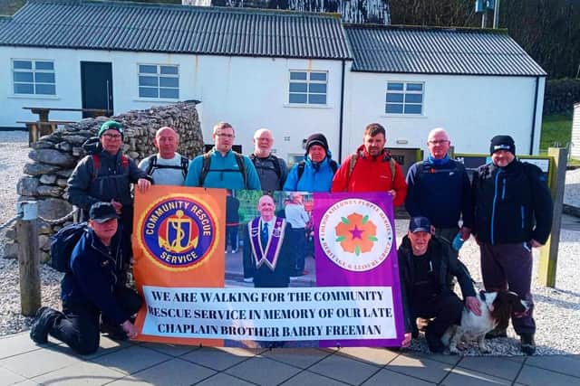 Members of Killowen Purple Heroes LOL 930 pictured prior to their opening fundraising walk along the Causeway Coastal path in March