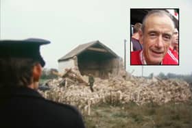 RTE footage showing the almost-totally demolished remains of the bombed farmhouse; garda Ben Thornton (inset) survived the fatal attack