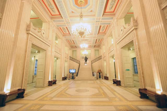 General views of Stormont.  An empty Great Hall at Parliament Buildings.