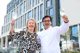 AC Hotel by Marriott Belfast celebrates birthday with Tapas on The Terrace and a special visit from celebrity chef Jean-Christophe Novelli. Paula Stuart, general manager at AC Hotel by Marriott Belfast, is pictured with award-winning Chef Jean-Christophe Novelli