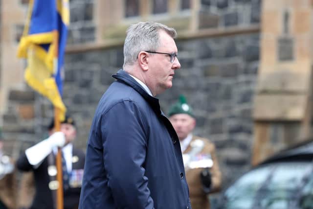 DUP leader Sir Jeffrey Donaldson arrives for the funeral. Picture by Jonathan Porter/PressEye