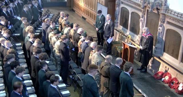 Pupils, teachers, governors, old boys and military representatives at the remembrance service at Campbell College in east Belfast on Friday November 10, 2023. There will be services across the UK on Armistice Day today, at 11am, as well as services tomorrow, on Remembrance Sunday
