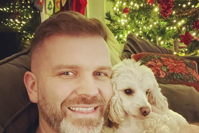 Radio Ulster presenter Vinny Hurrell and one of his dogs, Bear