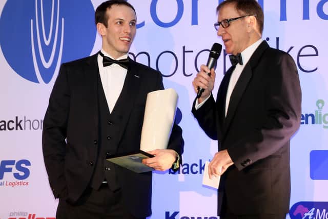 Keith Farmer won the Short Circuit Rider of the Year at the Cornmarket/Enkalon Irish Motorcyclist of the Year awards in Belfast in 2018. Also included is compere and former racer, Keith Huewen.