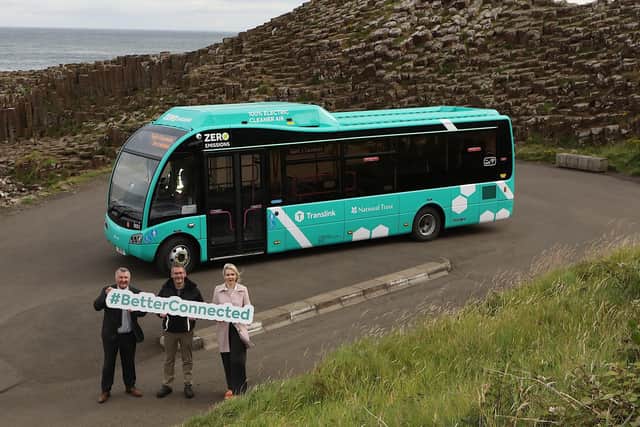 Group pictured at the launch of the zero emission minibuses at the Giant's Causeway. From left, are Sam Todd, Translink, Alastair Walker, National Trust, and Sarah Simpson, Translink. (Photo - Tom Heaney, nwpresspics)