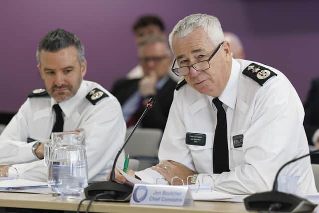 Deputy Chief Constable Bobby Singleton (left) and PSNI Chief Constable Jon Boutcher during a meeting of the Policing Board at the Gasworks in Belfast today. Picture: Liam McBurney/PA Wire