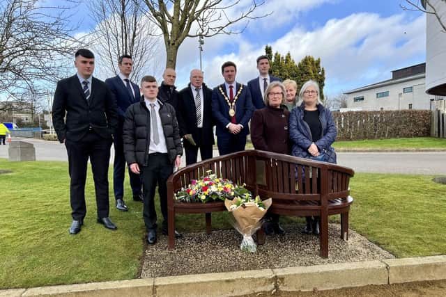 Some of those who took part in a short religious service at Lisburn Civic Centre to remember those who were killed on the 45th anniversary of the La Mon bomb