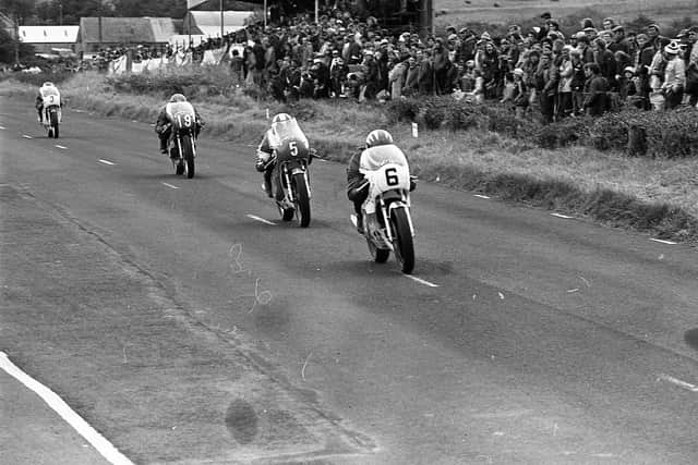 Raymond McCullough (number 6), Bob McElnea (number 5) and Phil Mellor battle it out in the 350cc race in the Ulster Grand Prix at Dundrod in August 1982. Picture: News Letter archives/Darryl Armitage