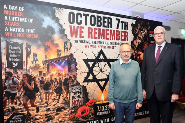 DUP leader, Gavin Robinson pictured with Steven Jaffe, Chairman Northern Ireland Friends of Israel in the Raven Social Club following the unveiling of a new October 7th memorial mural in the East Belfast club commemorating the attack on Jews in Israel by Palestinians on October 7th 2023. PICTURE BY STEPHEN DAVISON