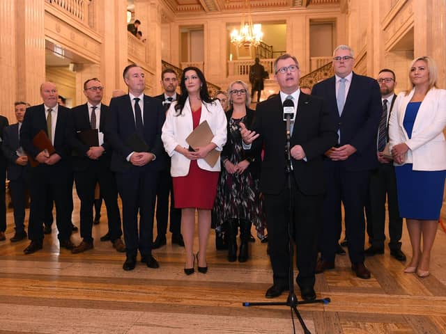 DUP leader Sir Jeffery Donaldson led his MLAs back to Stormont with a deal he said removed the border within the UK. Photo: Oliver McVeigh/PA Wire