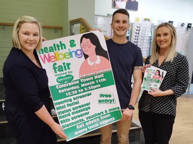 Vicky Hogg from Specsavers Coleraine is joined by Johnny Warke from Warkes Movement Clinic and Chloé Freeman-Wallace from No.7 Beauty to launch the first ever Health and Wellbeing Fair at Coleraine Town Hall on Saturday, March 11.