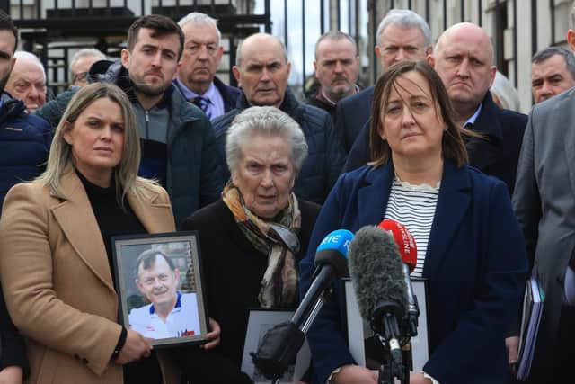 Bridie Brown, the wife of Sean Brown, with his daughters Claire Loughran (left) and Siobhan Brown (front right) and his son Sean Brown (rear right) speaking to the media outside the Royal Courts of Justice, Belfast, for the announcement on the public interest immunity (PII) process at the inquest hearing for GAA official Sean Brown, who was abducted and killed by loyalists as he locked the gates at Bellaghy Wolfe Tones Club in Co Londonderry in May 1997.  Picture date: Monday March 4, 2024. PA: Photo credit should read: Liam McBurney/PA Wire