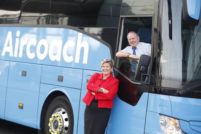 Aircoach, Ireland’s leading private bus and coach operator, is delighted to announce the appointment of Kim Swan from Larne as the new managing director. Pictured are Kim Swan, managing director for Aircoach with Gary Hitchmough, chief growth officer for First Bus. The firm provides provides airport express coach services to and from Belfast and Londonderry