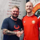 Portadown manager Niall Currie (left) with goalkeeper signing Aaron McCarey. (Photo by Portadown FC)