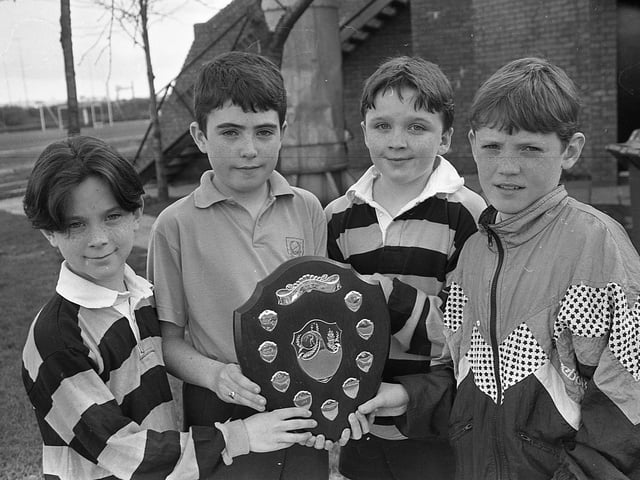 Team captains, from left, Aaron Black (Inst A), Vincent McAuley (St Joseph’s B, Larne), John McNamee (Inst B) and Eamonn Regan (St Joseph A, Larne) who fought out the semi finals of the Vi-Sport Primary School table tennis championships at Loughside Recreation Centre at the end of February 1992. Picture: News Letter archives