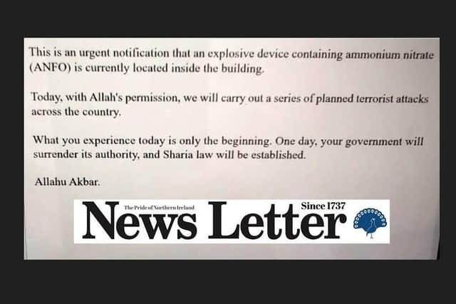 A copy of the email that was sent to 300 schools across Northern Ireland today. Police are treating it as a hoax.