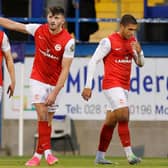 Larne midfielder Dylan Sloan celebrates his goal during the 4-0 victory against Glenavon at Mourneview Park