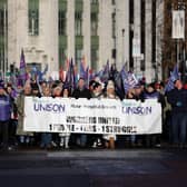 Workers from Belfast's Mater Hospital on the march in one of the city's strike demos, January 18, 2024