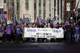 Workers from Belfast's Mater Hospital on the march in one of the city's strike demos, January 18, 2024