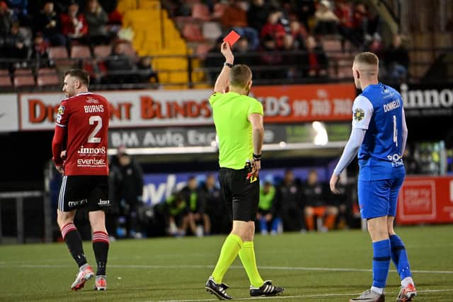 Crusaders' Billy Joe Burns was sent off in the defeat against Larne at Seaview