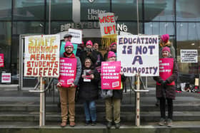 Press Eye - Belfast - Northern Ireland - 1st February 2023

Staff members at the University of Ulster in Belfast pictured on a picket line at university employees across Northern Ireland take industrial action over pay, working conditions and pensions.



The union is planning 18 days of "unprecedented" walkouts at about 150 universities during February and March.
Picture by Jonathan Porter/PressEye