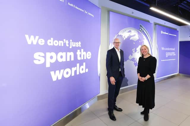 Grant Thornton Northern Ireland and Belfast City Airport have announced a new partnership, with the firm becoming the official sponsor of the airport’s Fast Track Security service. Pictured is Richard Gillan, managing partner at Grant Thornton Northern Ireland and Katy Best, chief commercial officer at Belfast City Airport