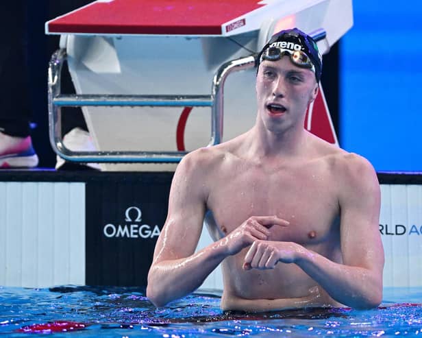 Magheralin's Daniel Wiffen celebrates after winning gold for Team Ireland over the men's 1500m freestyle final at the World Aquatics Championships in Doha, Qatar. (Photo by Quinn Rooney/Getty Images)