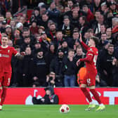 Mohamed Salah of Liverpool celebrates scoring his team's third goal with teammates Cody Gakpo, Darwin Nunez and Bobby Clark during the UEFA Europa League 2023/24 round of 16 second leg match against AC Sparta Praha at Anfield