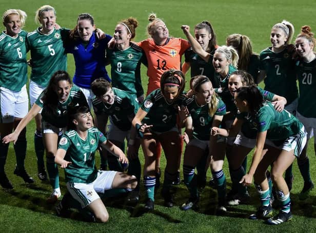 Northern Ireland players celebrate victory in the UEFA Women's Euro 2022 play-off match against Ukraine. None of their players have been selected for Team GB.