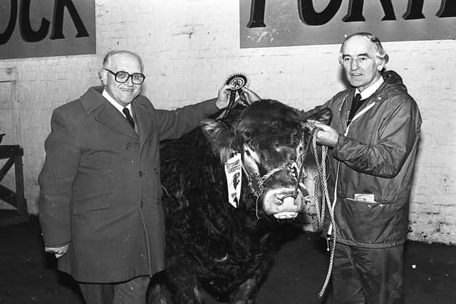 Pictured at the end of January 1983 is Mr Bertie Shields, manager of the Portadown branch, handing over the Northern Bank championship rosette to Mr William Mulligan, Banbridge, whose Limousin bull was the supreme champion at breed show and sale held at the Automart, Portadown. Picture: Farming Life/News Letter archives