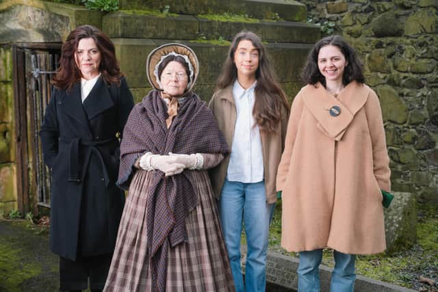 Maria Connolly, Carol Moore (as Mary Ann McCracken) and Calla Hughes with writer Clare McMahon, author of the new Kabosh theatrical walking tour, Mary Ann, The Forgotten Sister.
