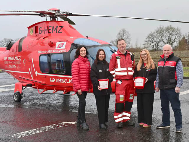 Air Ambulance Northern Ireland’s Kerry Anderson and HEMS Paramedic Phil Hay are joined by the Briggs Equipment North West 200 Event Manager, Emir McLaughlin, Saffron Montgomery, Event Assistant and NW200 Event Director, Mervyn Whyte to announce the Air Ambulance NI as the official designated charity of the 2026 event. (Photo by Arthur Allison/Pacemaker Press)