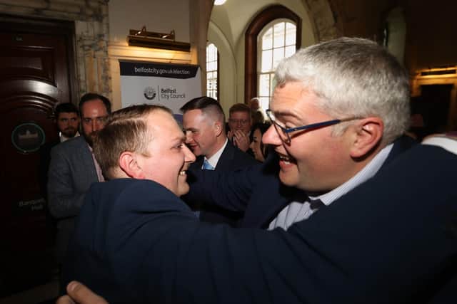 James Lawlor (left) from the DUP celebrates with party colleague Gavin Robinson MP after winning a seat in Ormiston at Belfast City Hall during in the NI council election counts on Saturday May 20, 2023. Photo: Liam McBurney/PA Wire