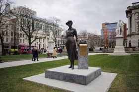 The newly unveiled statue of Winifred Carney on the grounds of Belfast City Hall was unveiled along with Mary Ann McCracken on International Women's Day. It is not surprising that a gun has been inserted into the statue plans because efforts to sanitise terrorism are relentless Photo: Liam McBurney/PA Wire