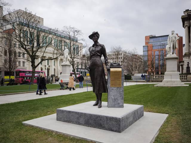 The newly unveiled statue of Winifred Carney on the grounds of Belfast City Hall was unveiled along with Mary Ann McCracken on International Women's Day. It is not surprising that a gun has been inserted into the statue plans because efforts to sanitise terrorism are relentless Photo: Liam McBurney/PA Wire