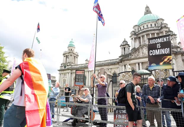 Christians protest against the Belfast Pride parade in Belfast city centre on Saturday July 29 2023. T​hey did so out of love for the God whose desire is that all should repent
Photo by Jonathan Porter / Press Eye