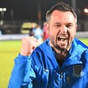 Ballymena United manager Jim Ervin celebrates after the final whistle. PIC: Pacemaker